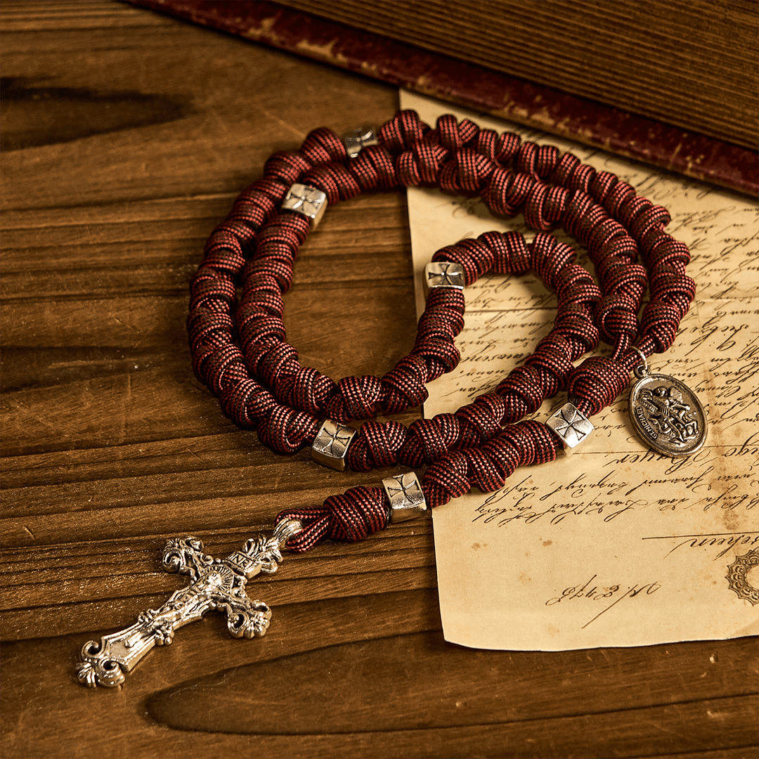 Christianartworkshop Warrior's Devotion Deep Red Paracord Rosary with St. Michael the Archangel - image 2
