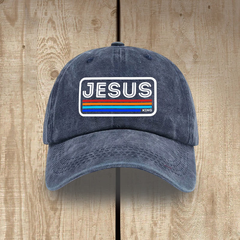 Christianartworkshop Urban Faith JESUS Graphic with Rainbow Unisex Distressed Washed Cotton Hat - Navy Blue - image 6