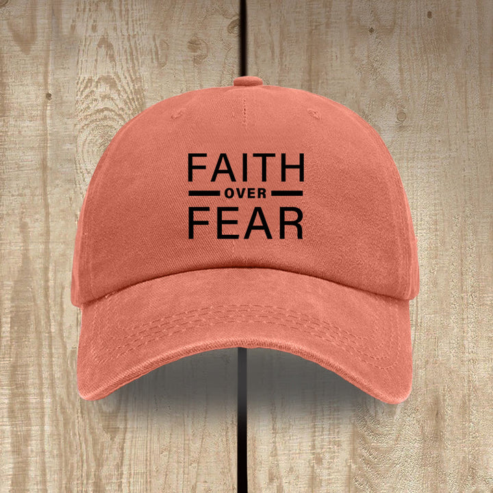 Christianartworkshop Minimalist Bold Statement Faith Over Fear Unisex Distressed Washed Cotton Hat - Orange - image 15
