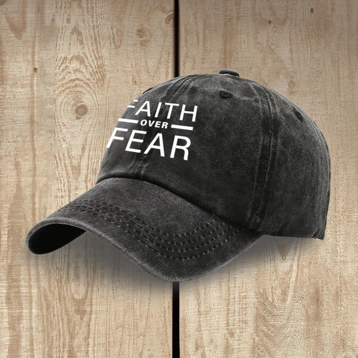 Christianartworkshop Minimalist Bold Statement Faith Over Fear Unisex Distressed Washed Cotton Hat - image 3
