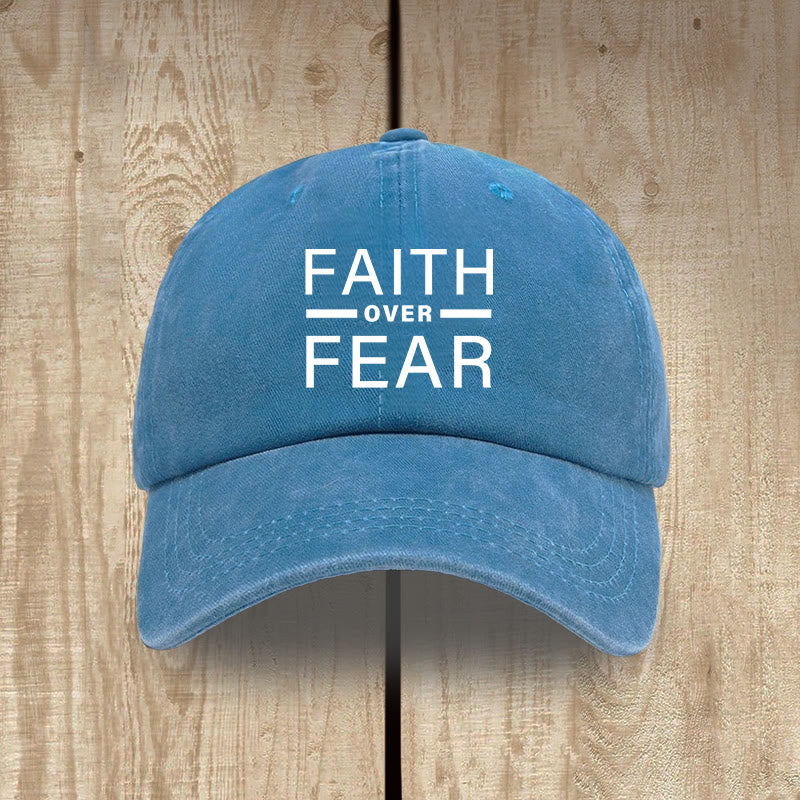 Christianartworkshop Minimalist Bold Statement Faith Over Fear Unisex Distressed Washed Cotton Hat - Lake Blue - image 10
