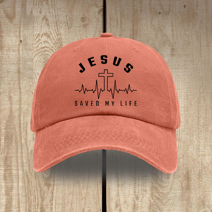 Christianartworkshop Jesus Saved My Life and Heartbeat Graphic Unisex Distressed Washed Cotton Hat - Orange - image 15