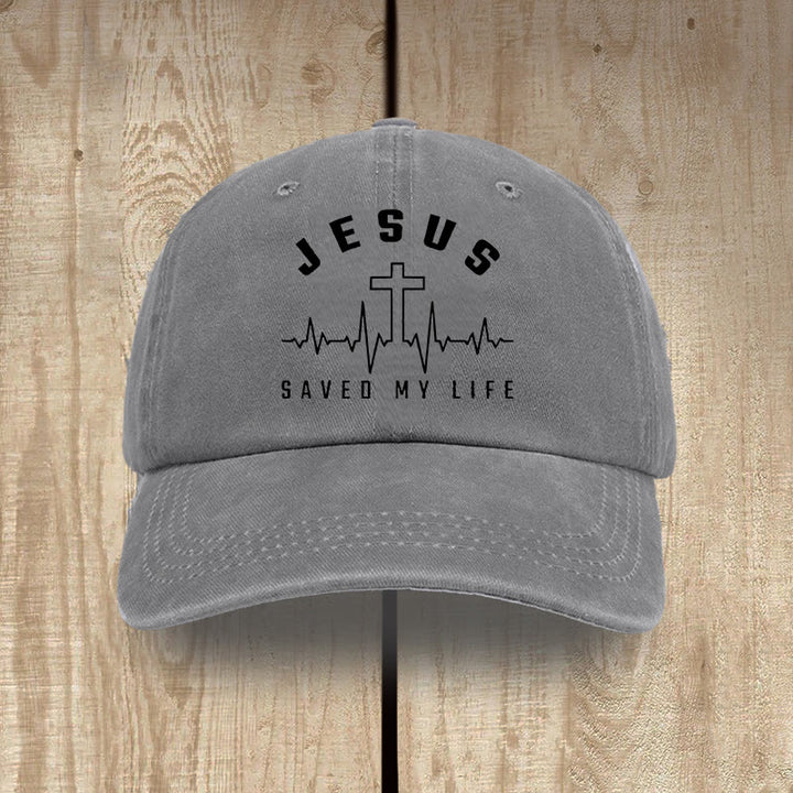 Christianartworkshop Jesus Saved My Life and Heartbeat Graphic Unisex Distressed Washed Cotton Hat - Grey - image 6