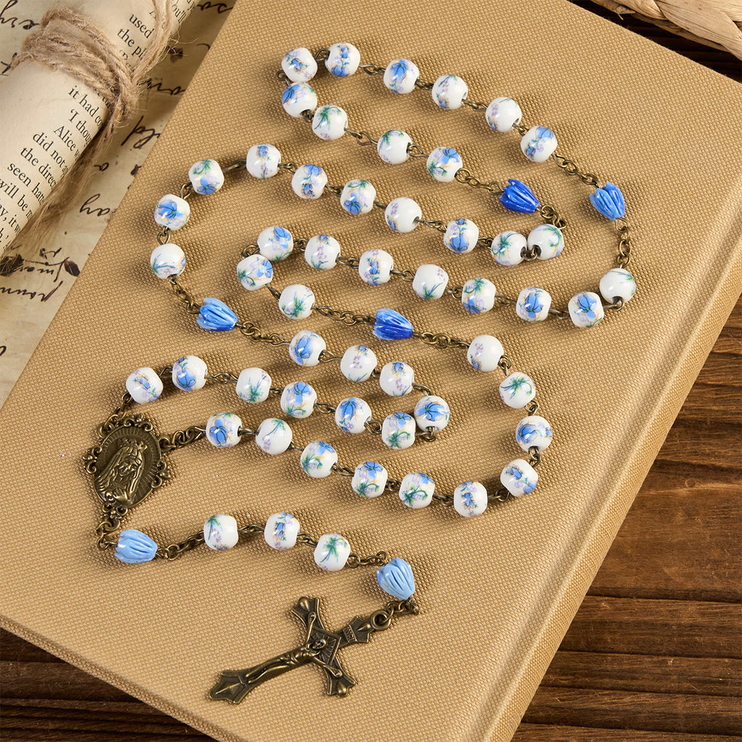 Christianartworkshop Immaculate Heart of Mary & Crucifix of 8 mm Round Blue Floral Acrylic Alloy Chain Rosary - image 4