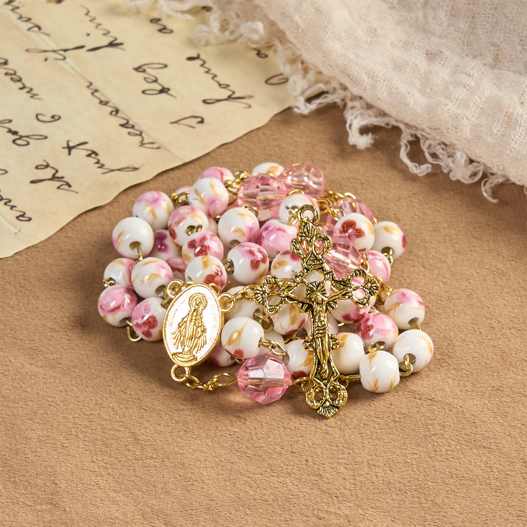 Christianartworkshop Miraculous Medal & Crucifix of 8 mm Round Floral Pink Ceramic Alloy Chain Rosary - Rose of Grace Rosary - image 0