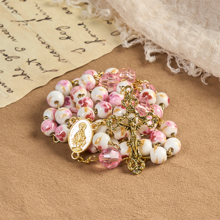 Christianartworkshop Miraculous Medal & Crucifix of 8 mm Round Floral Pink Ceramic Alloy Chain Rosary - Rose of Grace Rosary - image 0
