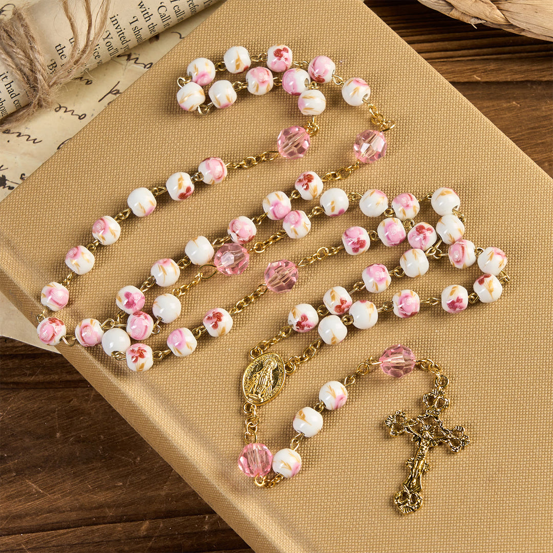 Christianartworkshop Miraculous Medal & Crucifix of 8 mm Round Floral Pink Ceramic Alloy Chain Rosary - image 2