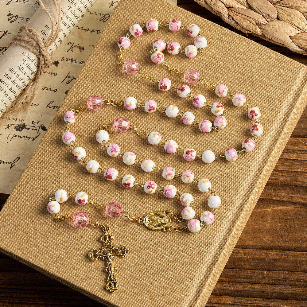 Christianartworkshop Miraculous Medal & Crucifix of 8 mm Round Floral Pink Ceramic Alloy Chain Rosary - image 1