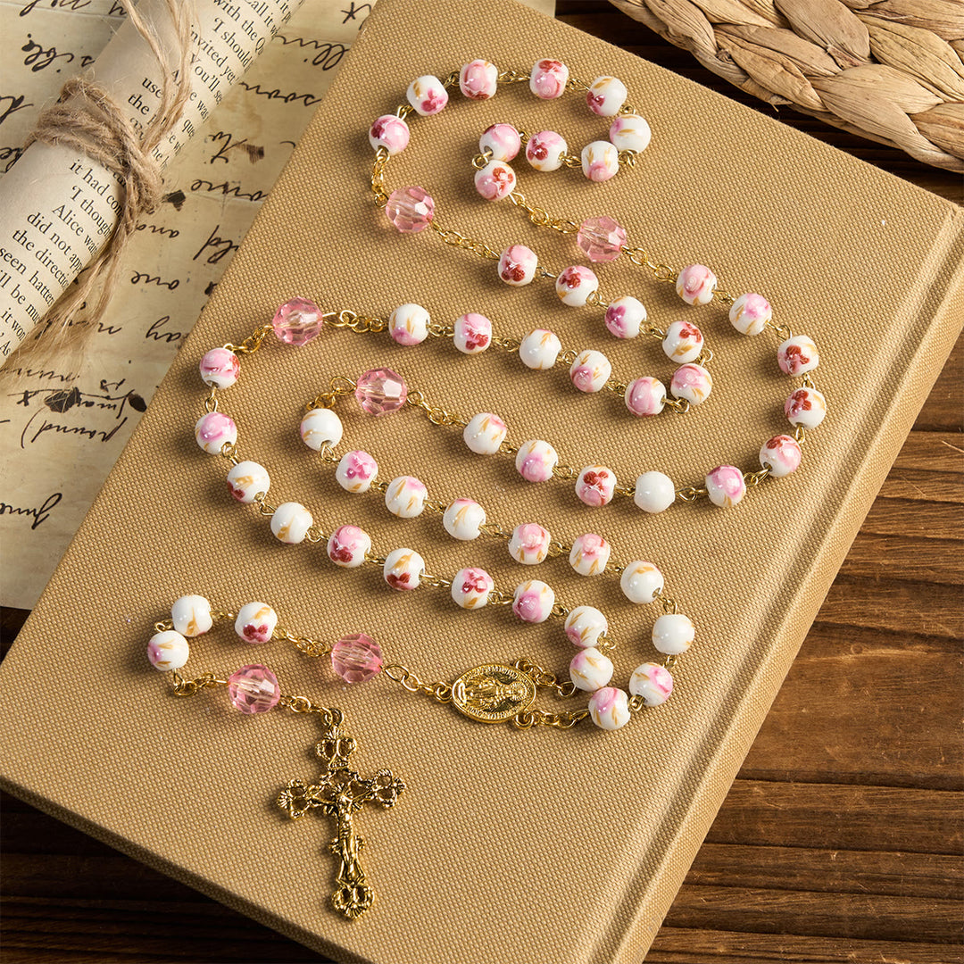 Christianartworkshop Miraculous Medal & Crucifix of 8 mm Round Floral Pink Ceramic Alloy Chain Rosary - image 1