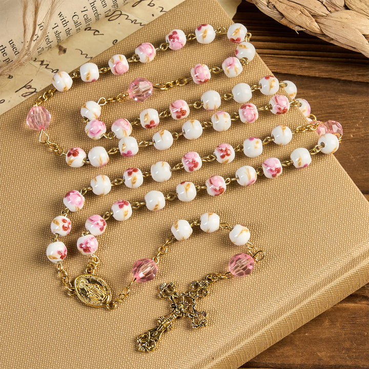 Christianartworkshop Miraculous Medal & Crucifix of 8 mm Round Floral Pink Ceramic Alloy Chain Rosary - image 3