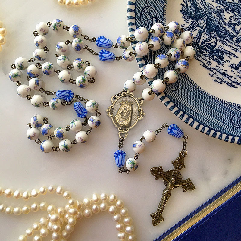Christianartworkshop Immaculate Heart of Mary & Crucifix of 8 mm Round Blue Floral Acrylic Alloy Chain Rosary - Lily of Peace Rosary - image 0