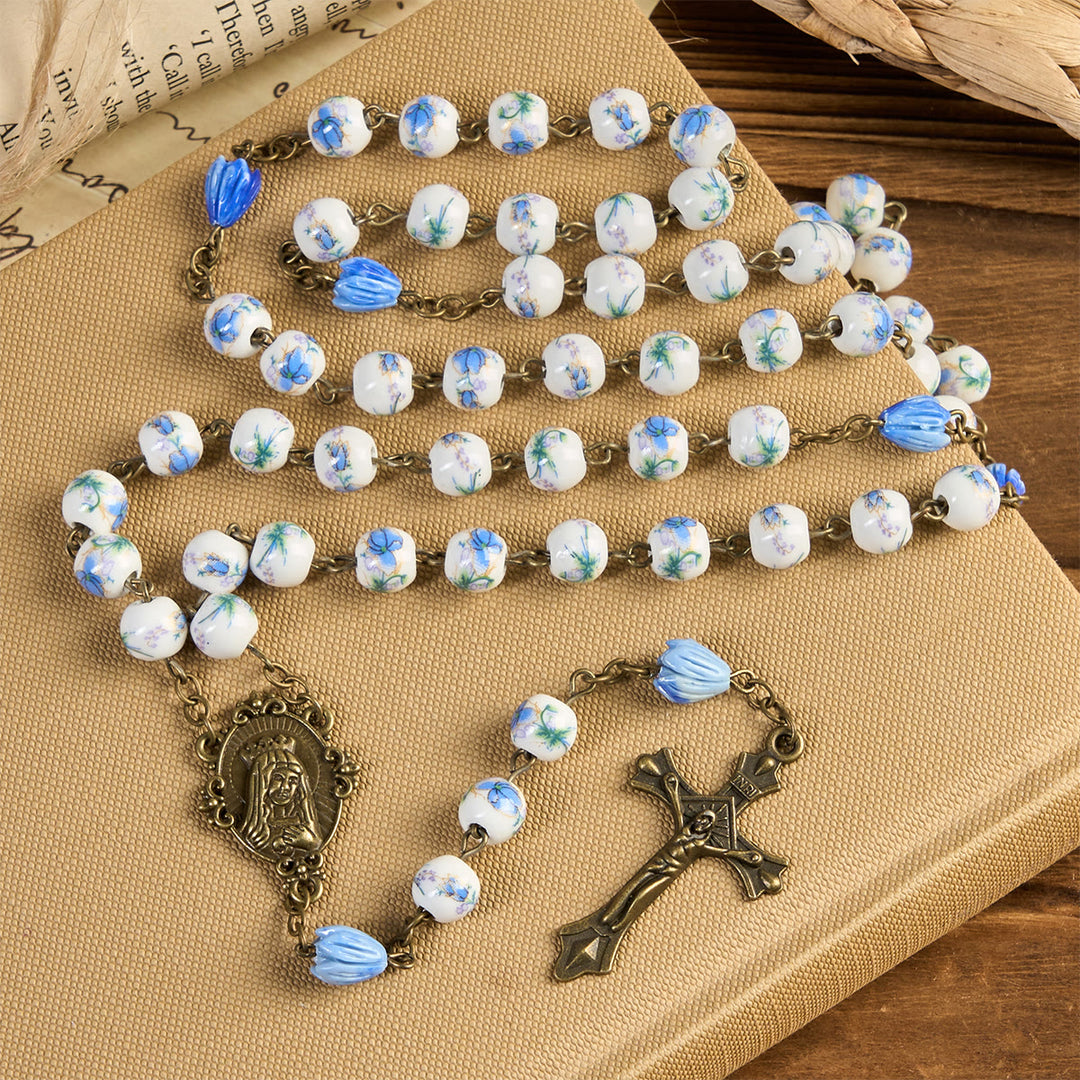 Christianartworkshop Miraculous Medal & Crucifix of 8 mm Round Floral Pink Ceramic Alloy Chain Rosary - image 14