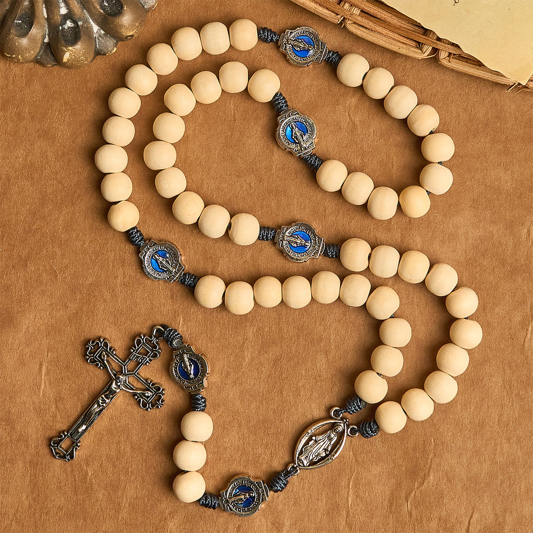 Christianartworkshop Sacred Light Wood Rosary: Blue Icon Accents & Vintage Crucifix - image 0