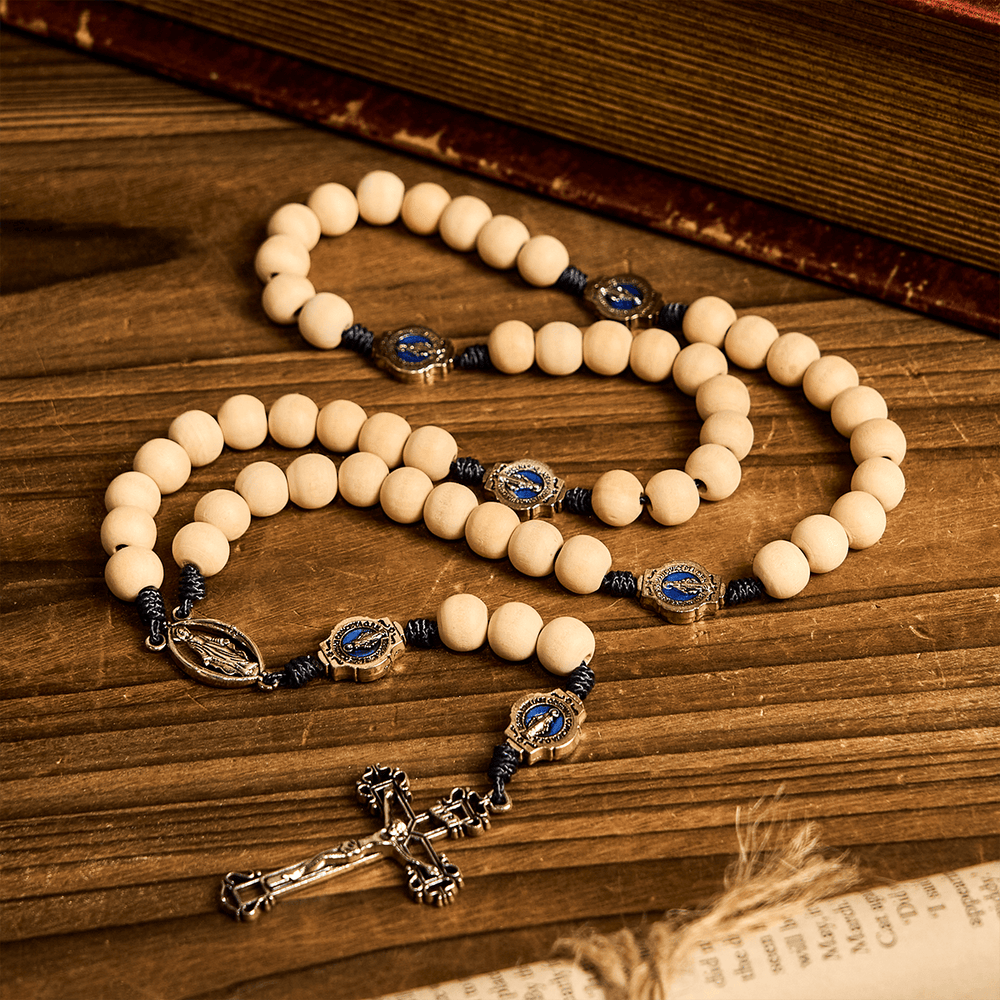 Christianartworkshop Sacred Light Wood Rosary: Blue Icon Accents & Vintage Crucifix - image 1