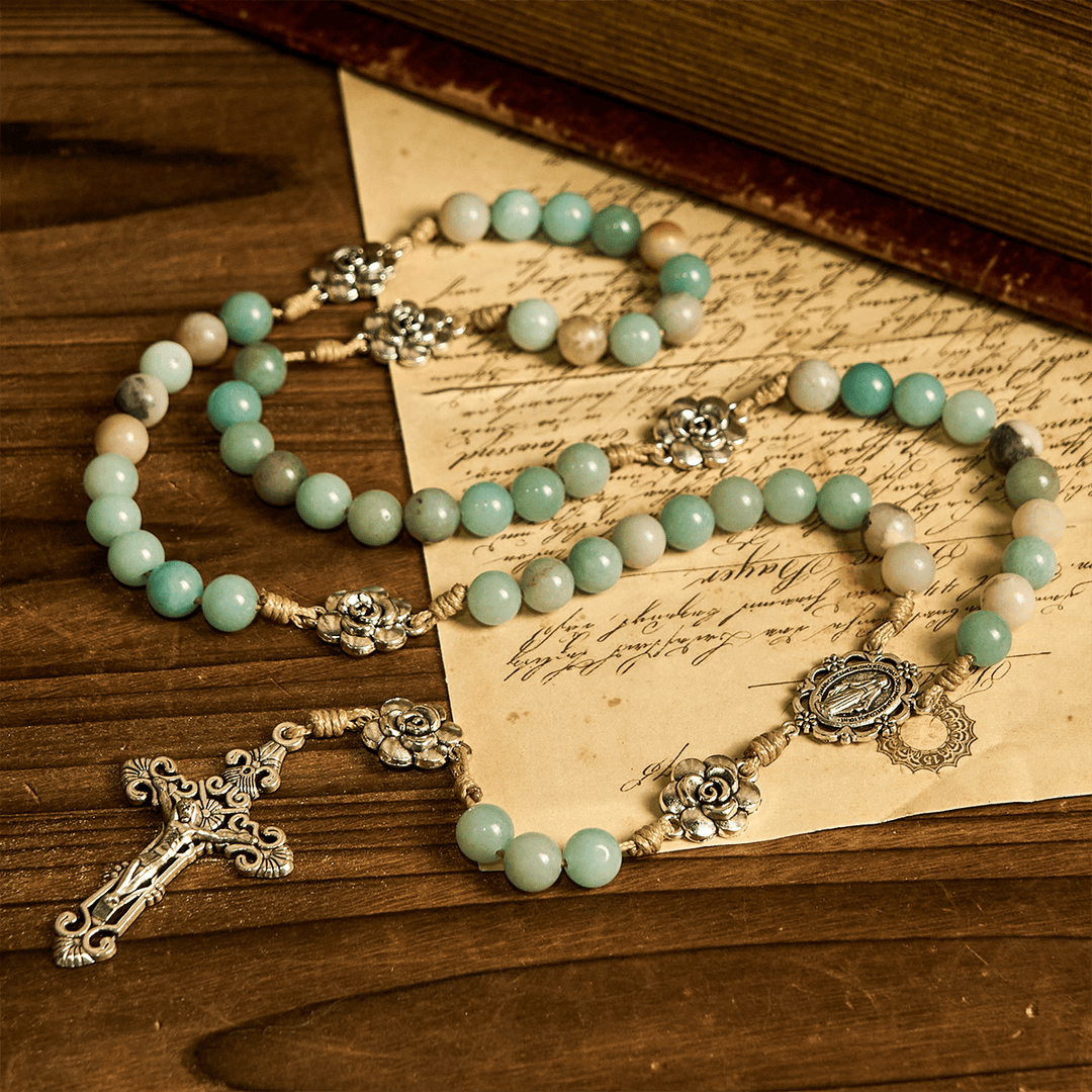 Christianartworkshop Tranquil Green Bead with Flower Charms Rosary: Full of Serenity and Blessing - image 2