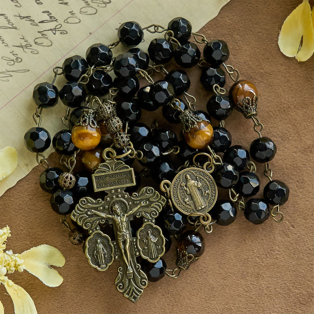 Christianartworkshop Vintage Obsidian Tiger Eye Beads Rosary with Pardon Crucifix & St. Benedict - Crucifix & St. Benedict - image 0