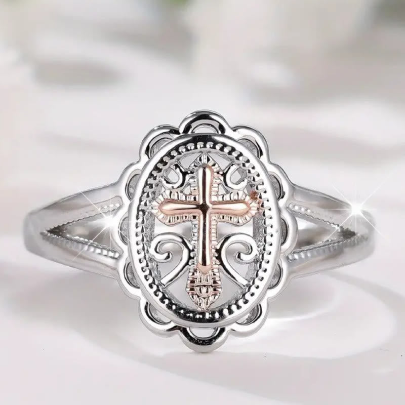 Christianartworkshop Dual - Tone Cross Ring: Silver & Rose Gold Filigree Faith Jewelry - Silver - US 10 - image 0