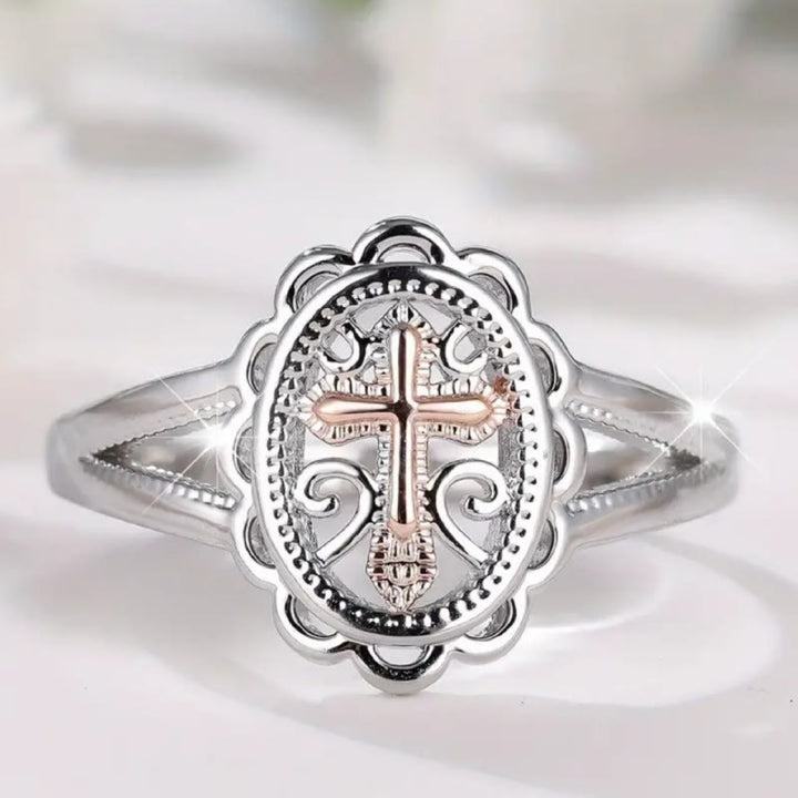 Christianartworkshop Dual - Tone Cross Ring: Silver & Rose Gold Filigree Faith Jewelry - Silver - US 10 - image 0