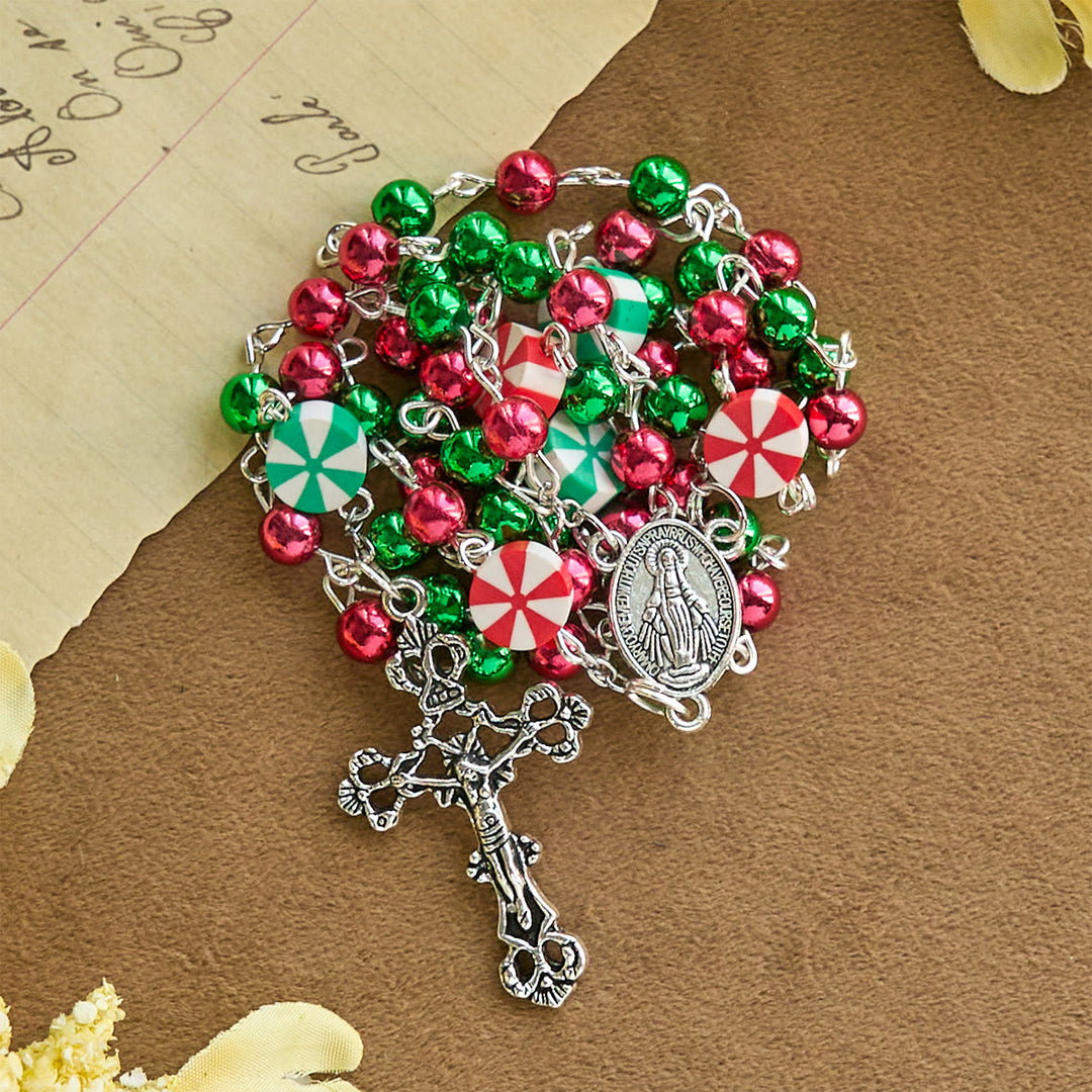 Christianartworkshop Festive Christmas Rosary: Red - Green Beads, Candy Shapes & Crucifix - Christmas-Themed Rosary - image 0