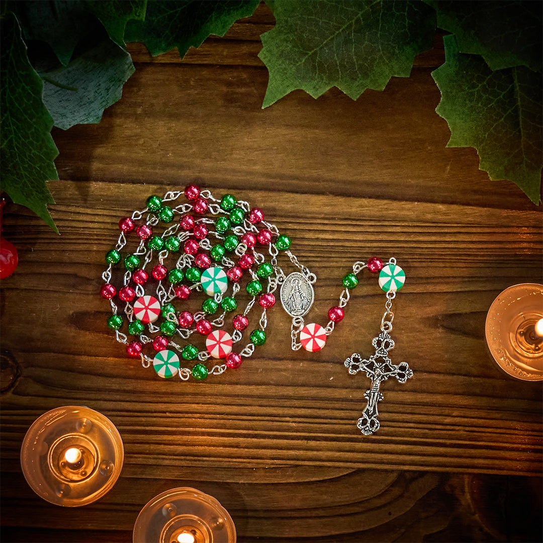 Christianartworkshop Festive Christmas Rosary: Red - Green Beads, Candy Shapes & Crucifix - image 5