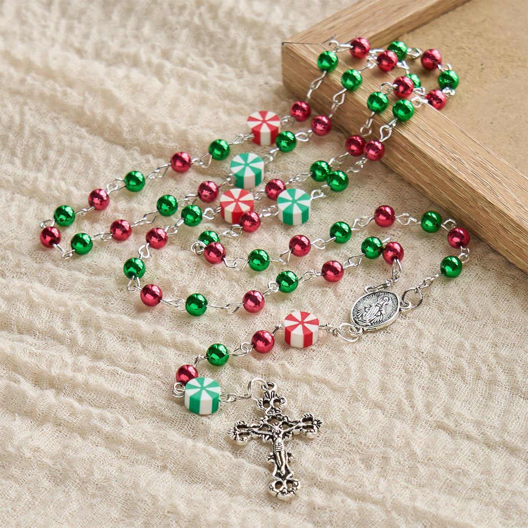 Christianartworkshop Festive Christmas Rosary: Red - Green Beads, Candy Shapes & Crucifix - image 4