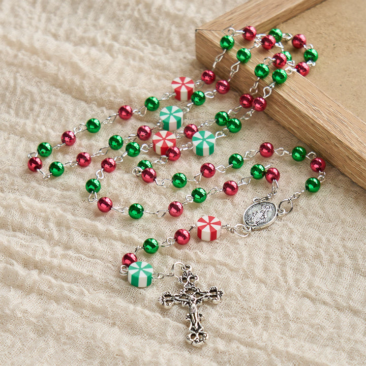 Christianartworkshop Festive Christmas Rosary: Red - Green Beads, Candy Shapes & Crucifix - image 4