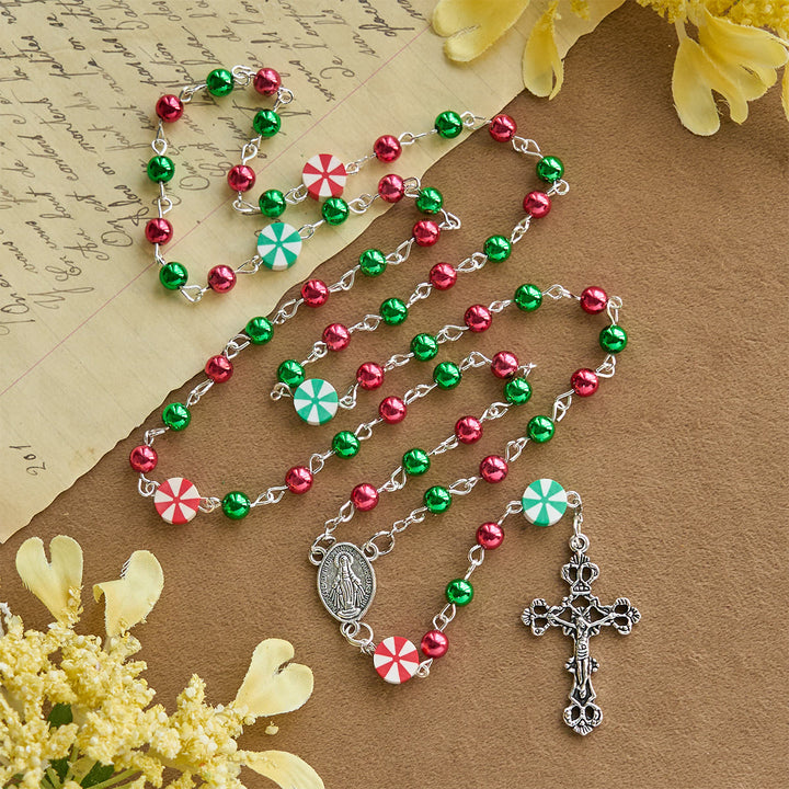 Christianartworkshop Festive Christmas Rosary: Red - Green Beads, Candy Shapes & Crucifix - image 7