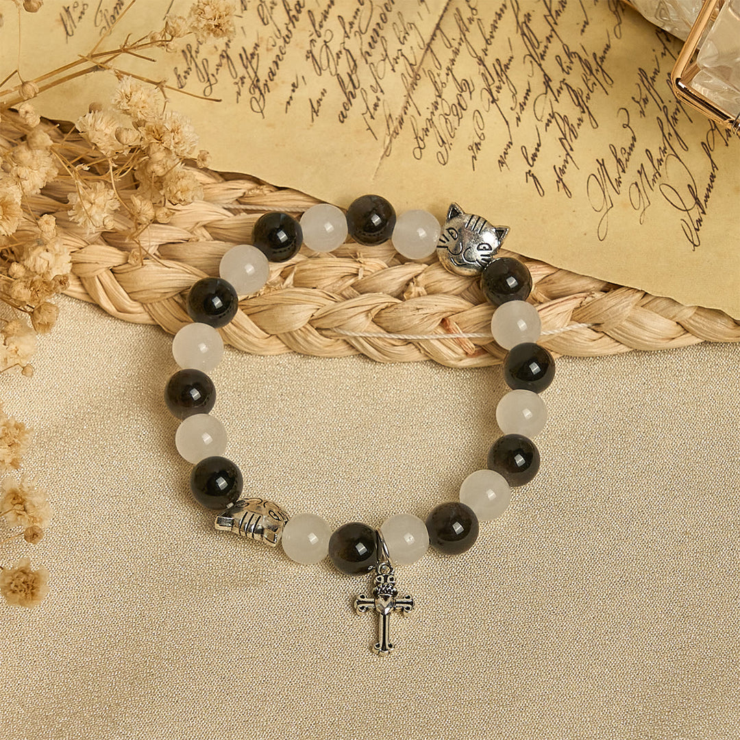 Christianartworkshop Our Lady's Blessing with Black & White Cow Cat Beads Bracelet, Animal Rosary - image 12