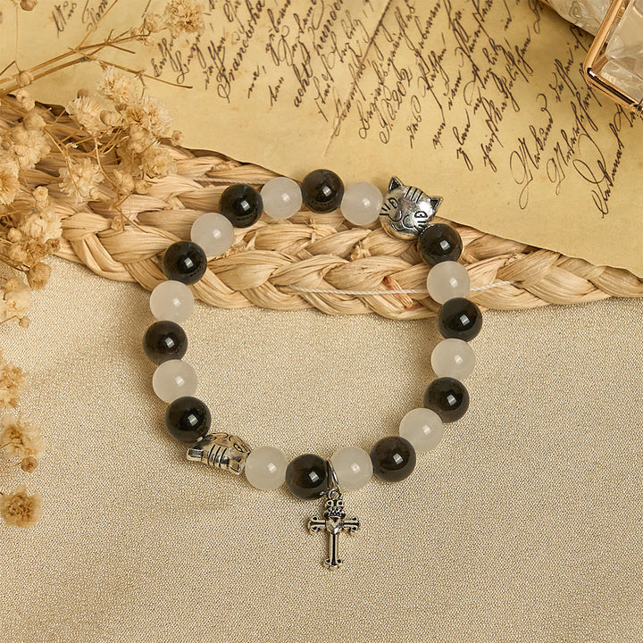 Christianartworkshop Our Lady's Blessing with Black & White Cow Cat Beads Bracelet, Animal Rosary - image 12