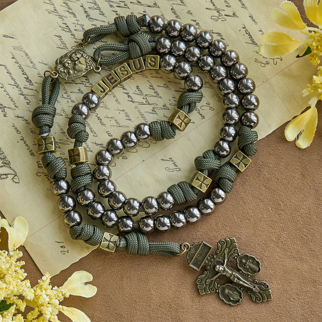 Christianartworkshop Military - Style Paracord Rosary: Silver-Toned Beads & Brass JESUS - JESUS (No Custom) - image 0