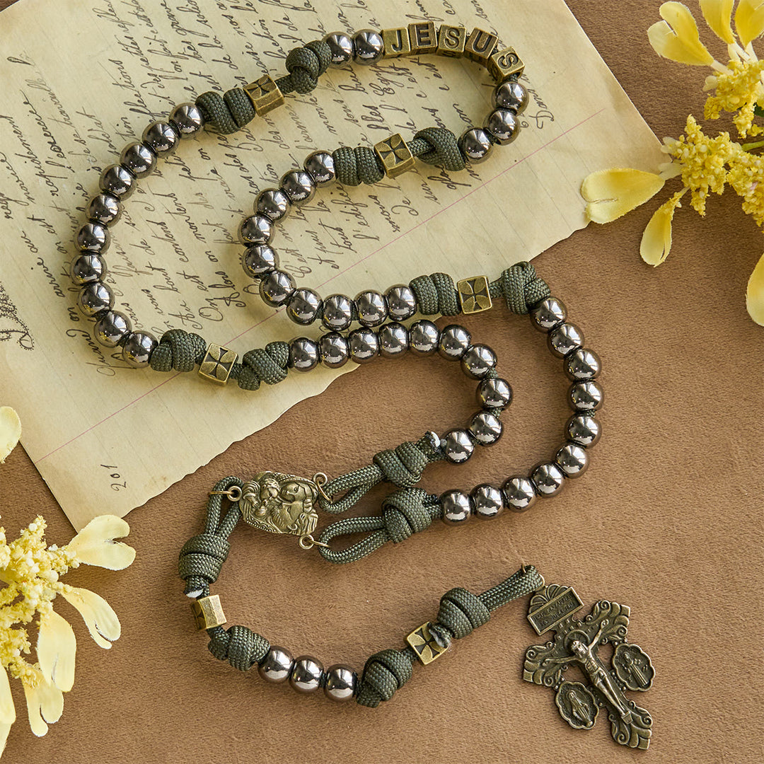 Christianartworkshop Military - Style Paracord Custom Rosary: Silver-Toned Beads & Brass JESUS - image 5