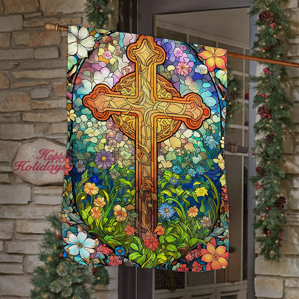 Christianartworkshop Floral - Encircled Stained Cross Garden Flag: Faith Decor for Yard - 90×150cm (3×5 ft.) - image 0