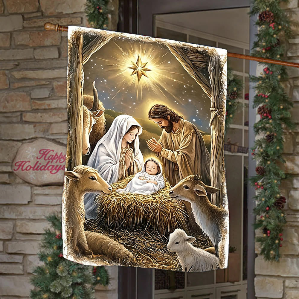 Christianartworkshop Warm Nativity Garden Flag: Holy Family, Animals & Star of Bethlehem - 90×150cm (3×5 ft.) - image 0