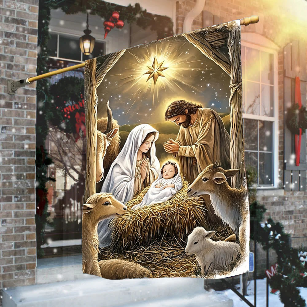 Christianartworkshop Warm Nativity Garden Flag: Holy Family, Animals & Star of Bethlehem - image 1