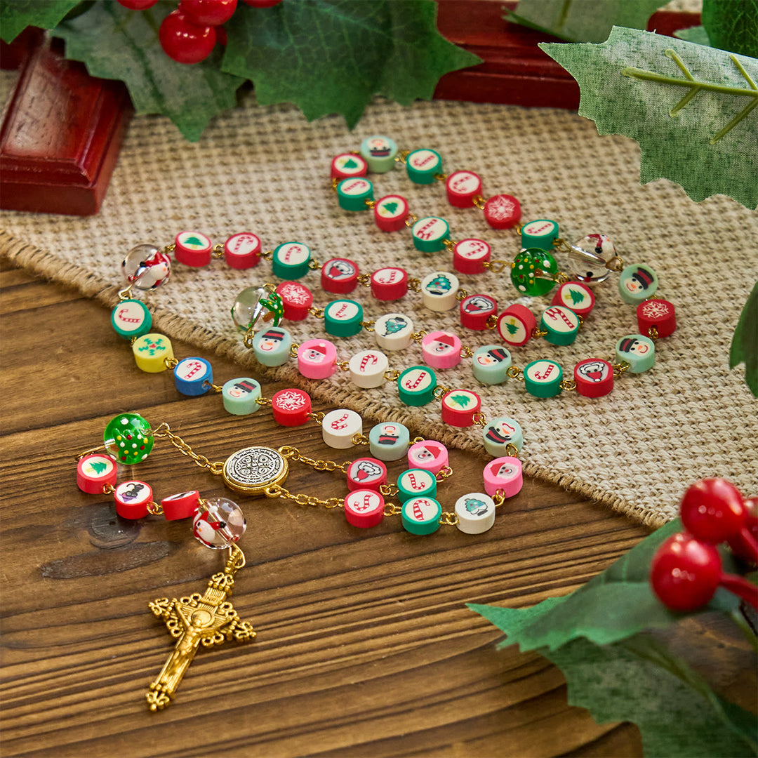 Christianartworkshop Whimsical Christmas Rosary: Multi - Colored Beads with Snowman & Tree Motifs - Multicolor Christmas Rosary - image 0