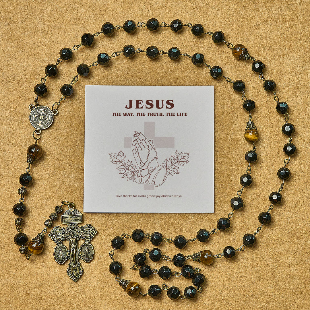 Christianartworkshop Thanksgiving Day: Vintage Obsidian Tiger Eye Beads Rosary with Pardon Crucifix & St. Benedict - Thanksgiving Day - image 0
