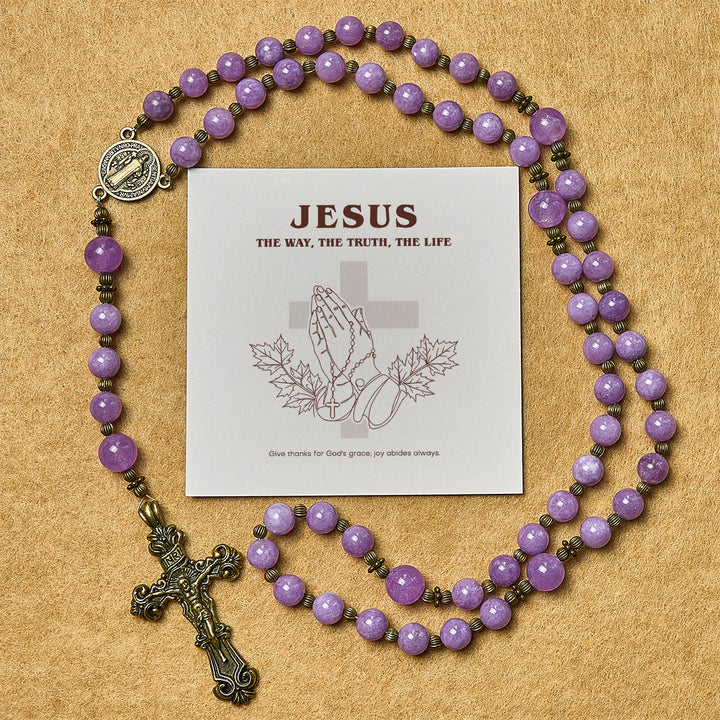 Christianartworkshop Thanksgiving Day: Purple Garnet Chalcedony Rosary with Crucifix & St. Benedict: Graceful Spiritual Bond - Thanksgiving Day - image 0