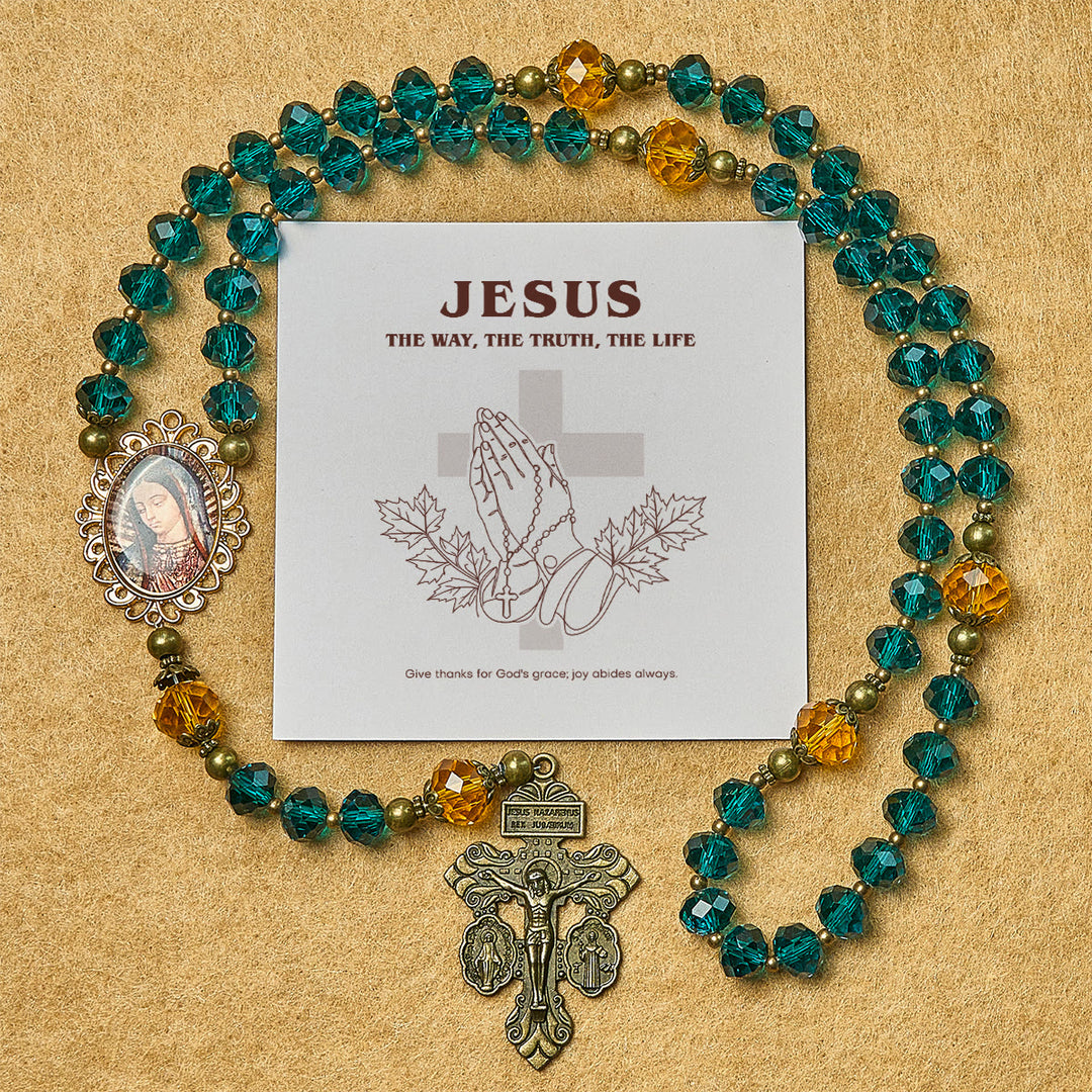 Christianartworkshop Thanksgiving Day: Shining Blue and Amber Rosary with Our Lady Medal and Antique Pardon Crucifix - Thanksgiving Day - image 0