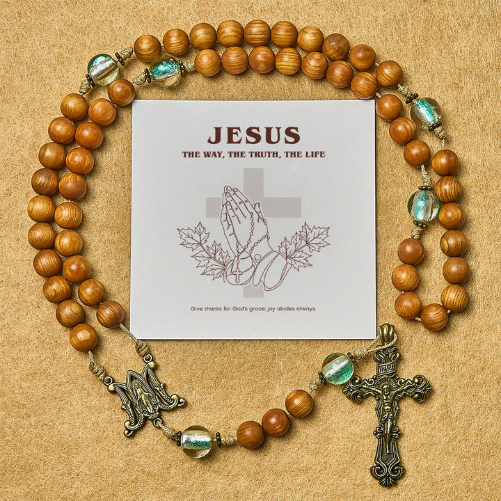 Christianartworkshop Thanksgiving Day: Classic Thuja Brown Wooden Rosary with Bright Green Beads & Our Lady - Thanksgiving Day - image 0