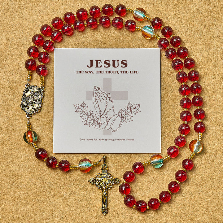 Christianartworkshop Thanksgiving Day: Our Lady of Fatima Rosary with Wine Red and Shining Rainbow Beads of Grace - Thanksgiving Day - image 0