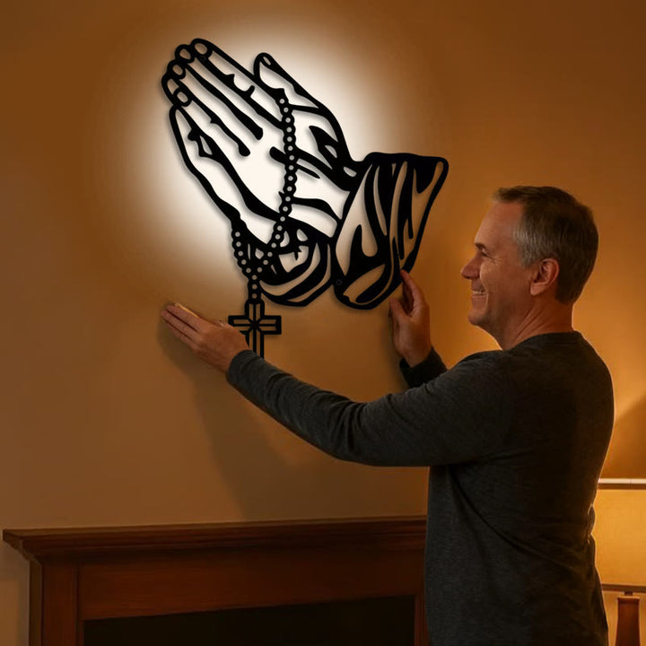 Christianartworkshop Classic Praying Hands with Rosary Cross Black Metal Wall Decor - image 1