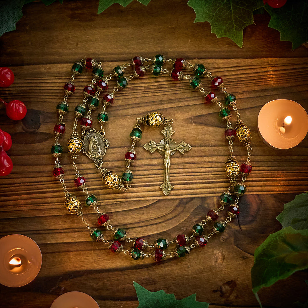 Christianartworkshop Joy of Christmas Red & Green Festive Beads Rosary with Virgin Mary - image 6