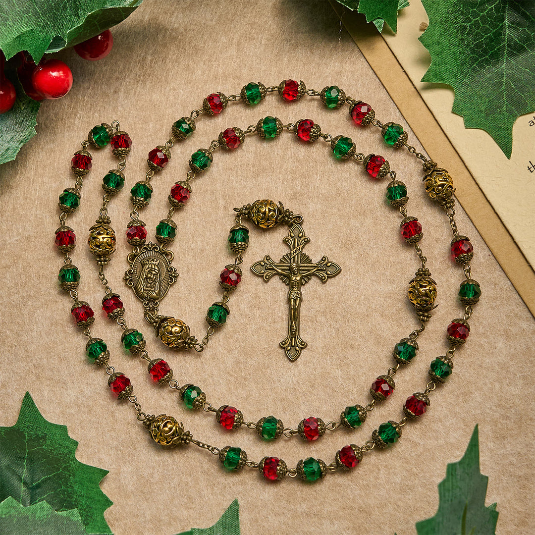Christianartworkshop Joy of Christmas Red & Green Festive Beads Rosary with Virgin Mary - Christmas Rosary - image 0