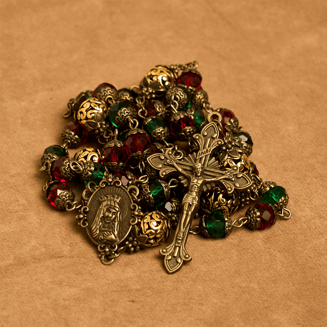 Christianartworkshop Joy of Christmas Red & Green Festive Beads Rosary with Virgin Mary - image 1