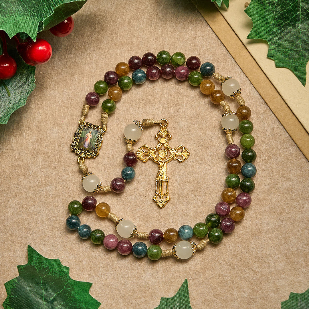 Christianartworkshop Colorful Tourmaline Beads Rosary with Square Divine Mercy and Golden Crucifix - Divine Mercy - image 0