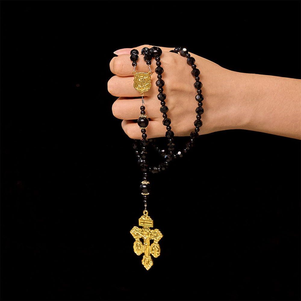 Christianartworkshop St. Michael and Pardon Crucifix of Faceted Black Bead Handmade Rosary - image 1