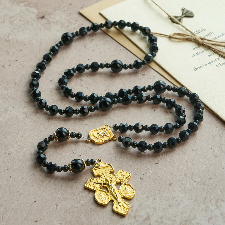 Christianartworkshop St. Michael and Pardon Crucifix of Faceted Black Bead Handmade Rosary - image 4