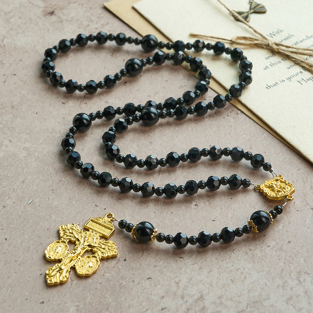 Christianartworkshop St. Michael and Pardon Crucifix of Faceted Black Bead Handmade Rosary - image 5