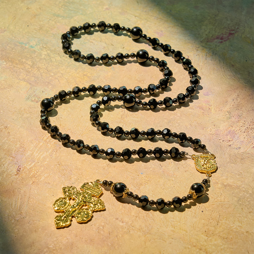 Christianartworkshop St. Michael and Pardon Crucifix of Faceted Black Bead Handmade Rosary - image 6