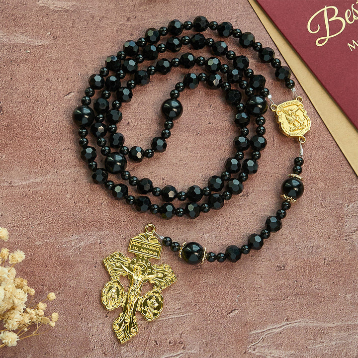 Christianartworkshop St. Michael and Pardon Crucifix of Faceted Black Bead Handmade Rosary - image 2